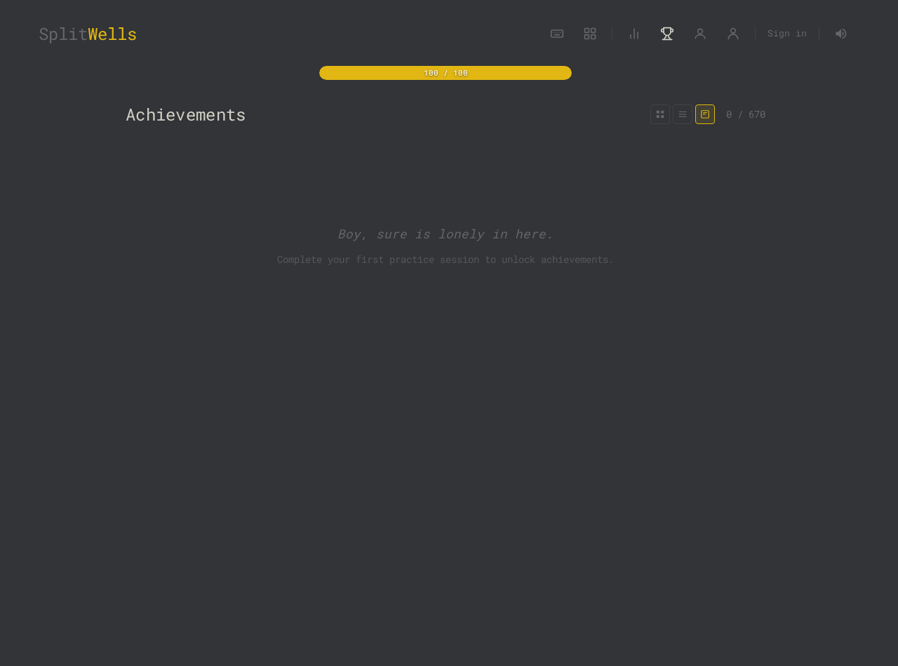SplitWells achievements page with progress cards and unlocked typing milestones