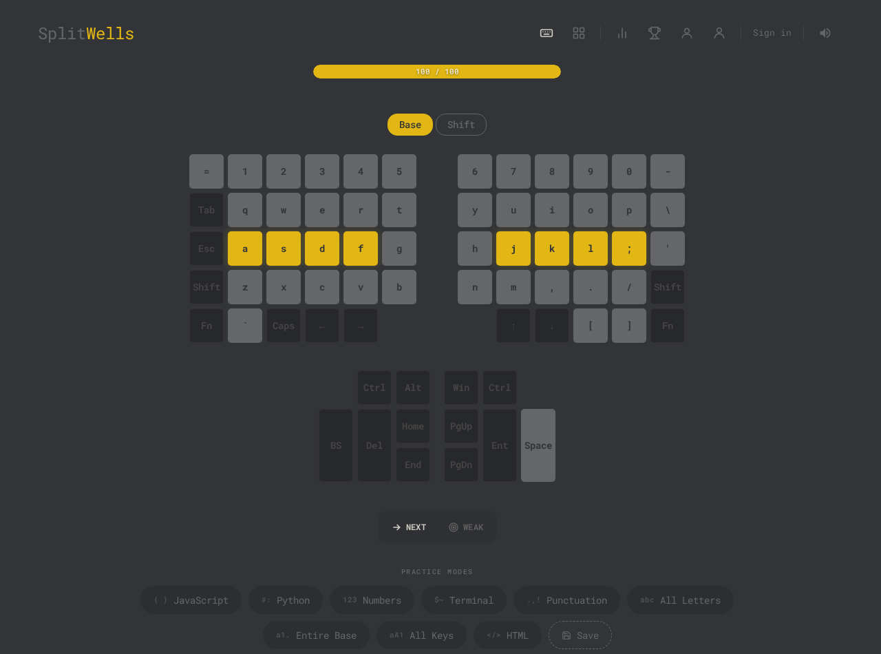 SplitWells practice setup with visual Kinesis-style split keyboard and selectable keys