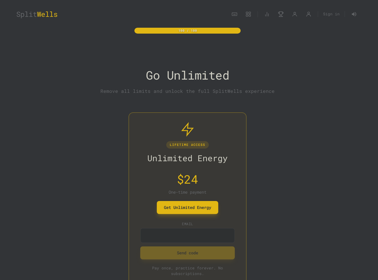 SplitWells Lifetime upgrade page with unlimited energy plan